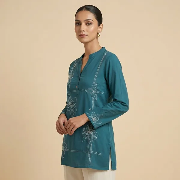 Teal_Blue_Mul_Cotton_Embroidered_Top_For_Women