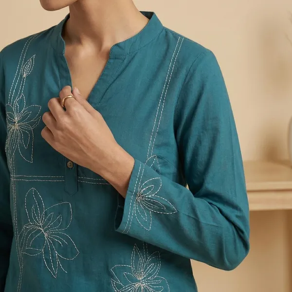 Teal_Blue_Mul_Cotton_Embroidered_Top_For_Women