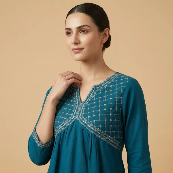 Teal_And_Dark_Blue_Mul_Cotton_Tunic_Top_For_Women