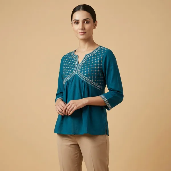 Teal_And_Dark_Blue_Mul_Cotton_Tunic_Top_For_Women