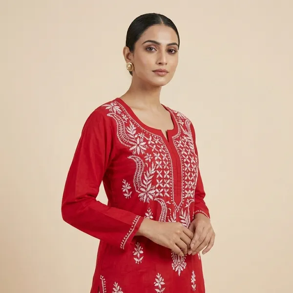 Red_Mul_Cotton_Chikankari_Top_For_Women