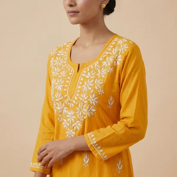 Mustard_Yellow_Mul_Cotton_Chikankari_Top_For_Women