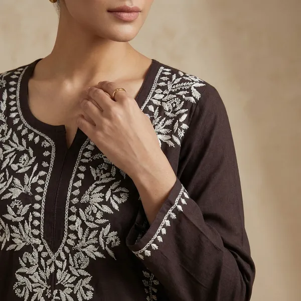 Dark_Brown_Mul_Cotton_Chikankari_Top_For_Women