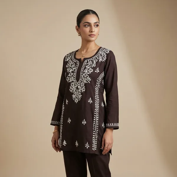 Dark_Brown_Mul_Cotton_Chikankari_Top_For_Women