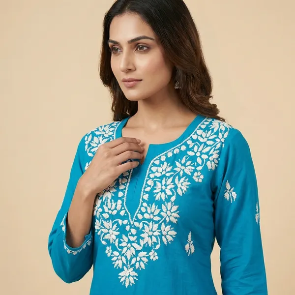 Teal_Blue_Mul_Cotton_Chikankari_Top_For_Women