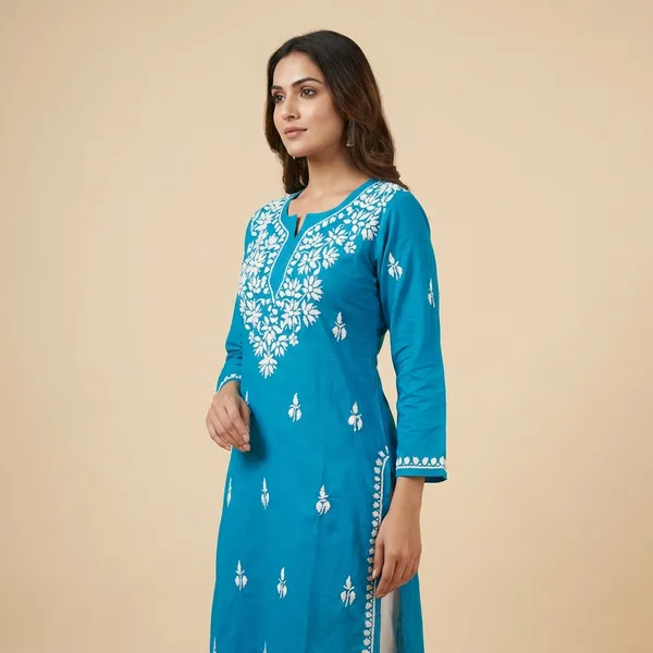Teal_Blue_Mul_Cotton_Chikankari_Top_For_Women