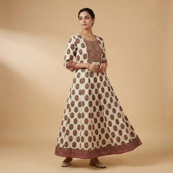 Cream_And_Rust_Mul_Cotton_Long_Gown_Kurti_For_Women