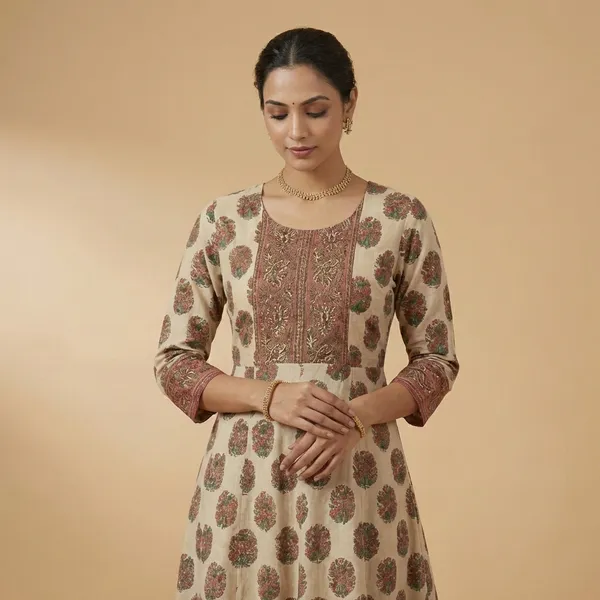 Cream_And_Rust_Mul_Cotton_Long_Gown_Kurti_For_Women