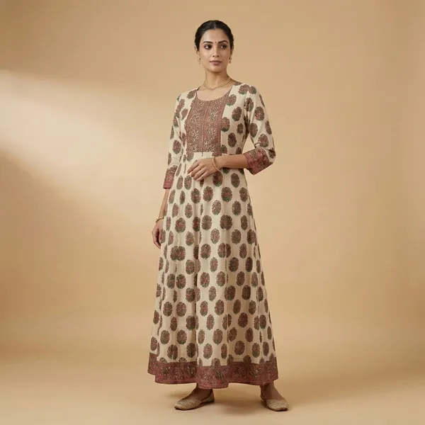 Cream_And_Rust_Mul_Cotton_Long_Gown_Kurti_For_Women