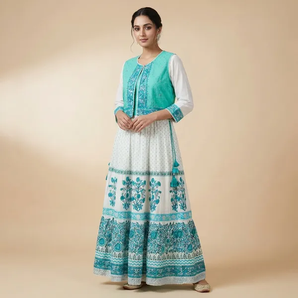 White_And_Teal_Mul_Cotton_Long_Gown_Kurti_For_Women