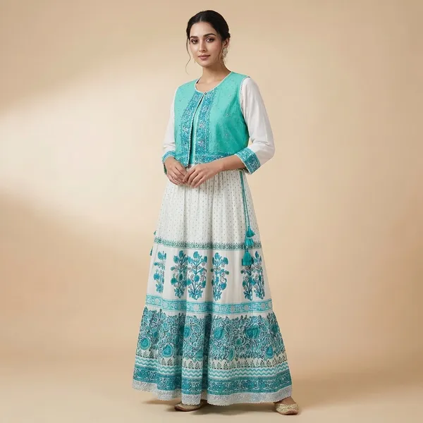 White_And_Teal_Mul_Cotton_Long_Gown_Kurti_For_Women