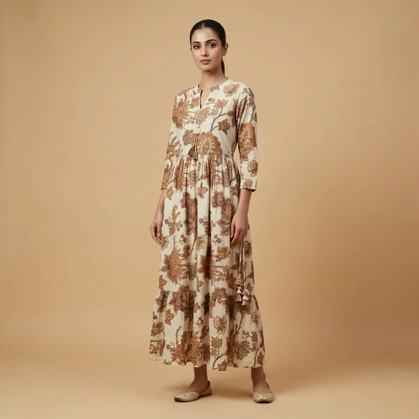 Beige_And_Tan_Mul_Cotton_Long_Gown_Kurti_For_Women