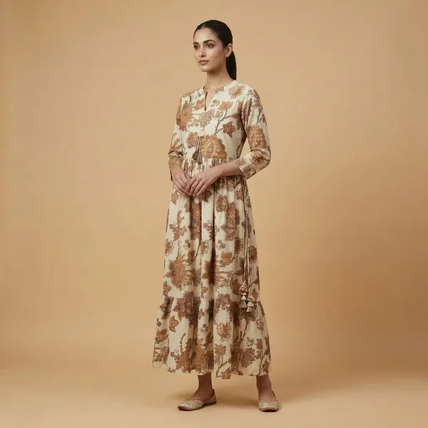 Beige_And_Tan_Mul_Cotton_Long_Gown_Kurti_For_Women