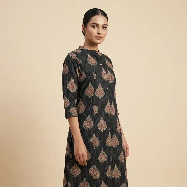 Charcoal_Black_Mul_Cotton_Premium_Ikat_Kurti_For_Women