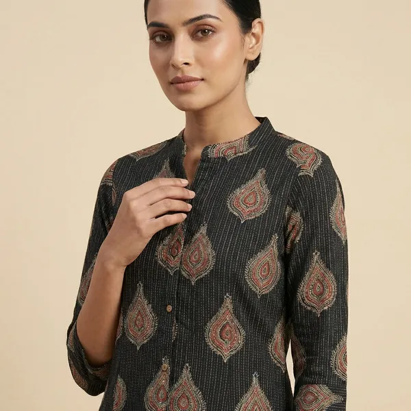 Charcoal_Black_Mul_Cotton_Premium_Ikat_Kurti_For_Women