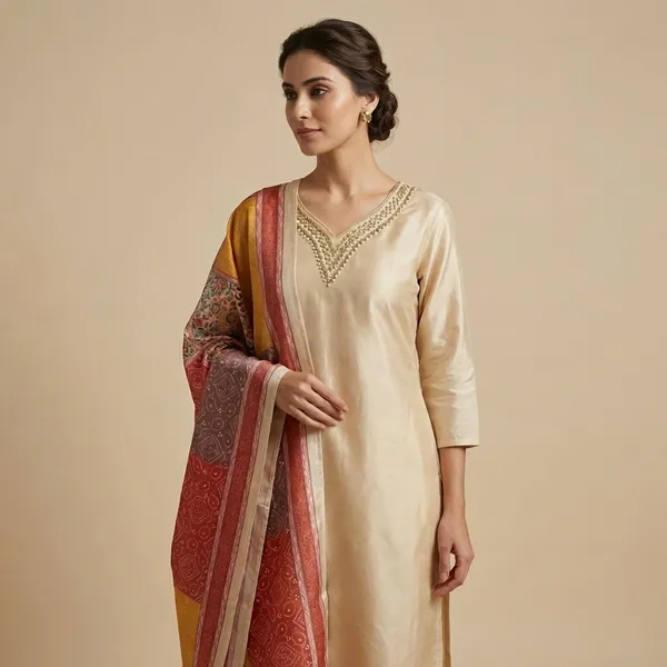 Cream_Chanderi_Dupatta_Silk_Kurta_3Pc_Suit_Kurta_Set_For_Women