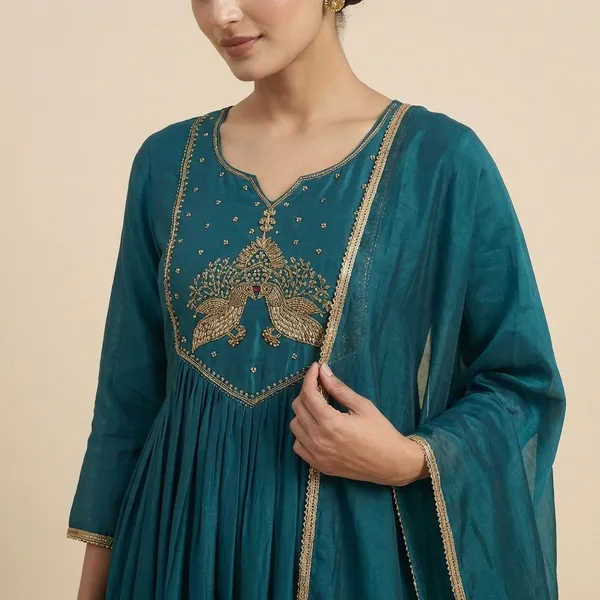 Teal_Blue_Mull_chandheri_Heavy_3Pc_Suit_Salwar_Suit_Set_For_Women