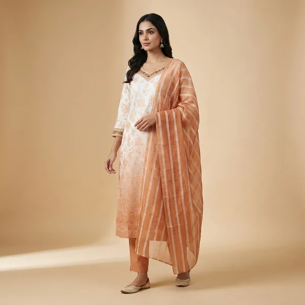 Peach_And_White_Cotton_Blend_Straight_Suit_Set_For_Women