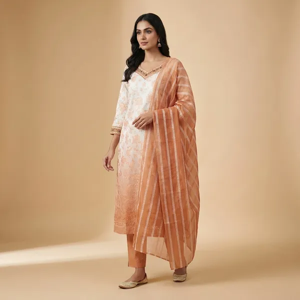 Peach_And_White_Cotton_Blend_Straight_Suit_Set_For_Women