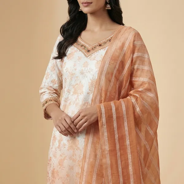 Peach_And_White_Cotton_Blend_Straight_Suit_Set_For_Women