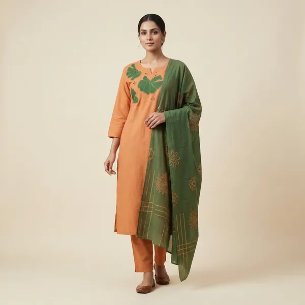 Light_Orange_Cotton_Kurta_Pant_Dupatta_3_Pc_Suit_For_Women