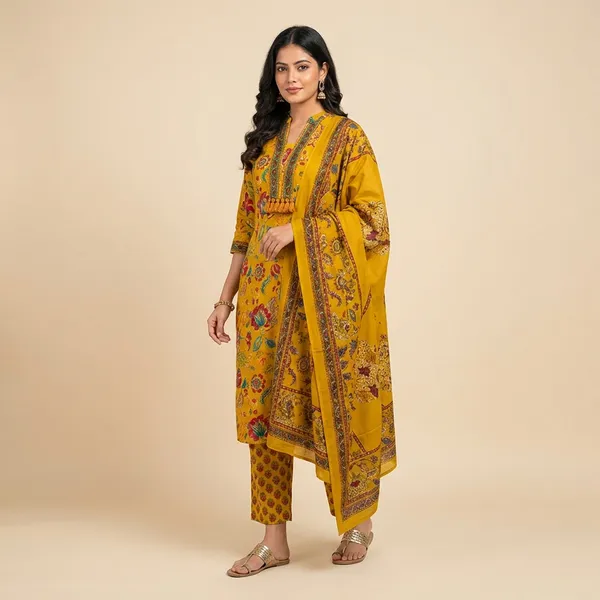 Yellow_Cotton_Premium_Straight_Dress_3_Pc_Suits_For_Women