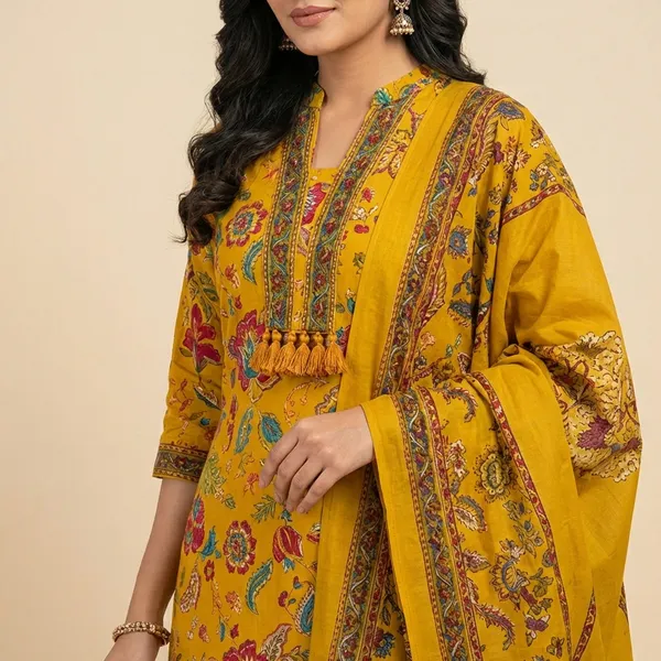 Yellow_Cotton_Premium_Straight_Dress_3_Pc_Suits_For_Women