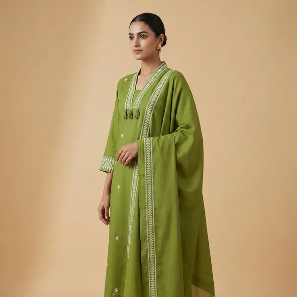 Olive_Green_Cotton_Kurta_Pant_Dupatta_3_Pc_Suit_For_Women