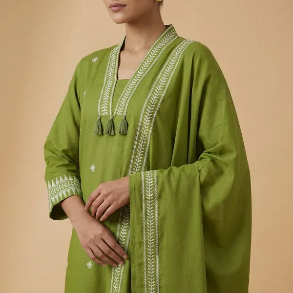 Olive_Green_Cotton_Kurta_Pant_Dupatta_3_Pc_Suit_For_Women