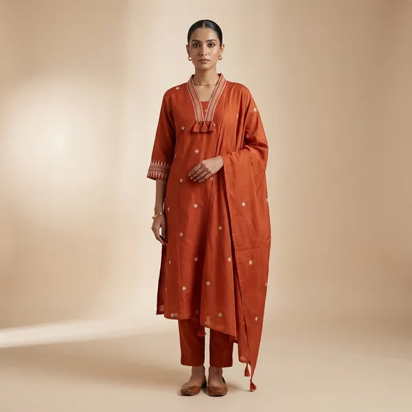 Orange_Cotton_Kurta_Pant_Dupatta_3_Pc_Suit_For_Women