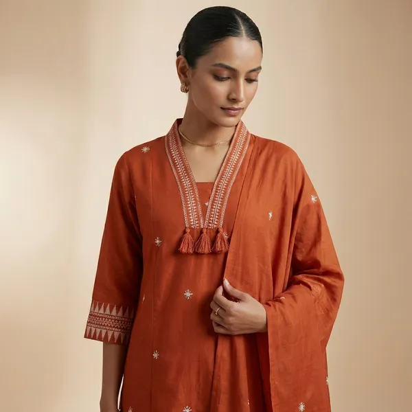 Orange_Cotton_Kurta_Pant_Dupatta_3_Pc_Suit_For_Women