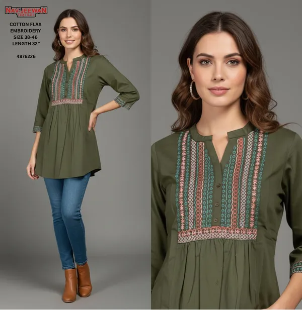 Olive_Green_Dobby_Cotton_Premium_Tunic_Short_Kurti_For_Women