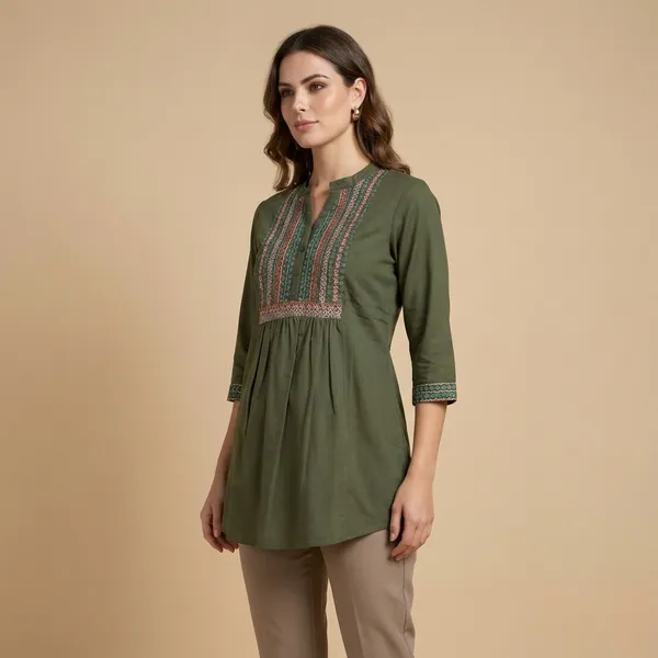 Olive_Green_Dobby_Cotton_Premium_Tunic_Short_Kurti_For_Women
