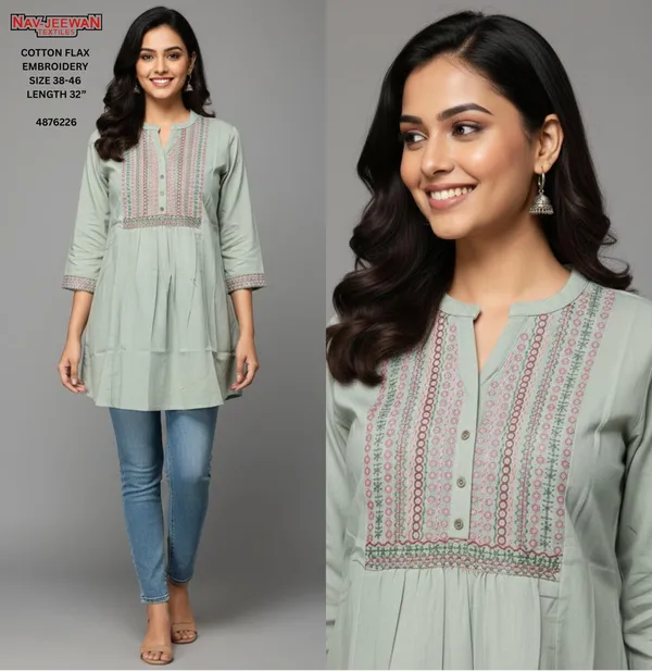 Sage_Green_Dobby_Cotton_Premium_Tunic_Short_Kurti_For_Women