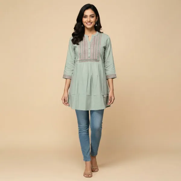 Sage_Green_Dobby_Cotton_Premium_Tunic_Short_Kurti_For_Women