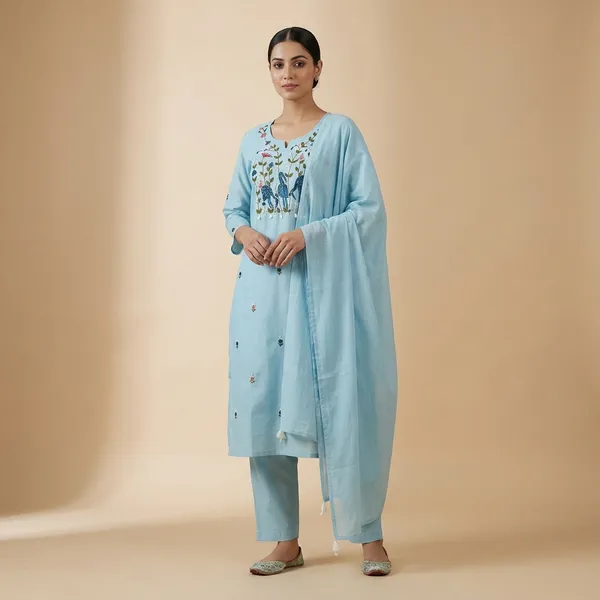 Sky_Blue_Cotton_Kurta_Pant_Dupatta_3_Pc_Suit_For_Women