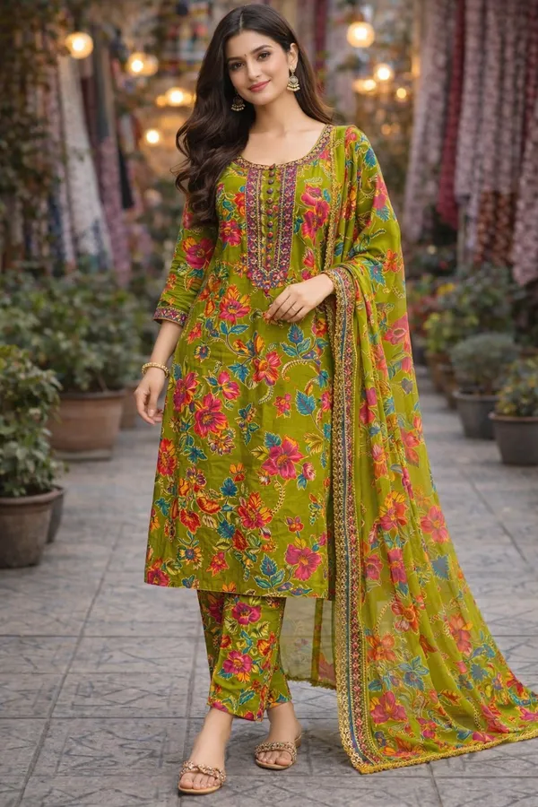 Green_floral_cotton_Premium_Straight_Dress_3_Pc_Suits_For_Women