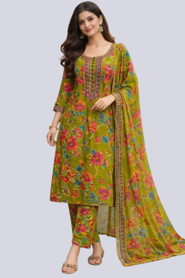 Green_floral_cotton_Premium_Straight_Dress_3_Pc_Suits_For_Women
