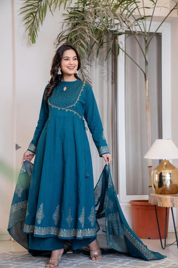 Teal_Blue_Cotton_Premium_Angrakha_Anarkali_3_Pc_Suits_For_Women