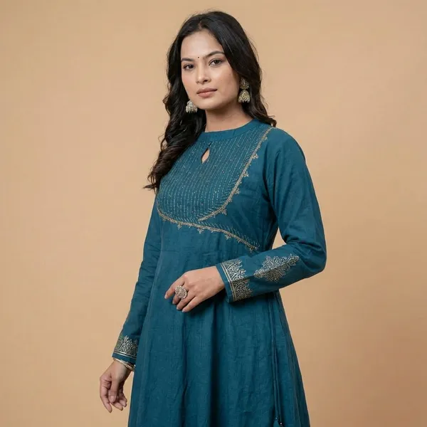 Teal_Blue_Cotton_Premium_Angrakha_Anarkali_3_Pc_Suits_For_Women