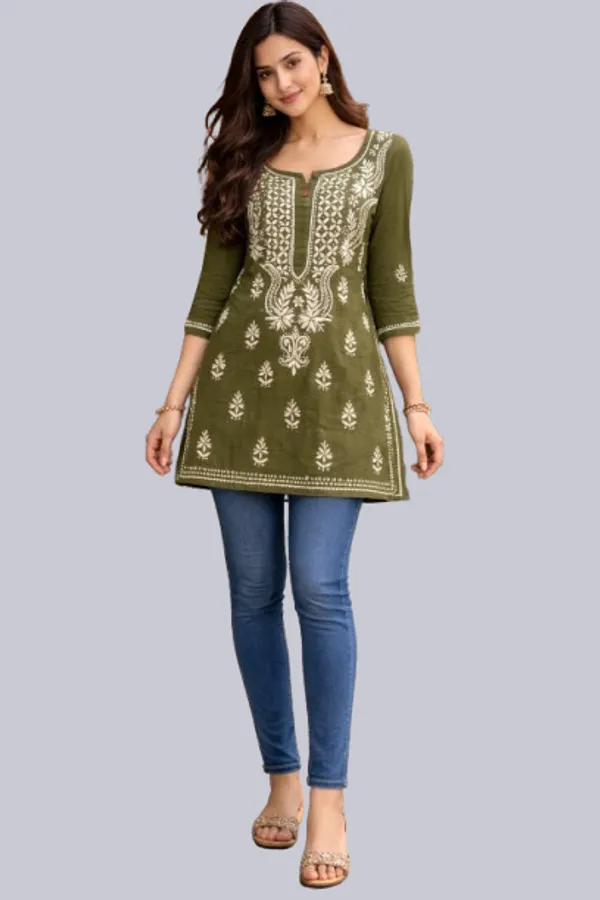 Olive_Green_Mul_Cotton_Chikankari_Top_For_Women