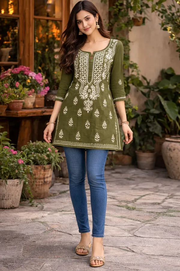 Olive_Green_Mul_Cotton_Chikankari_Top_For_Women