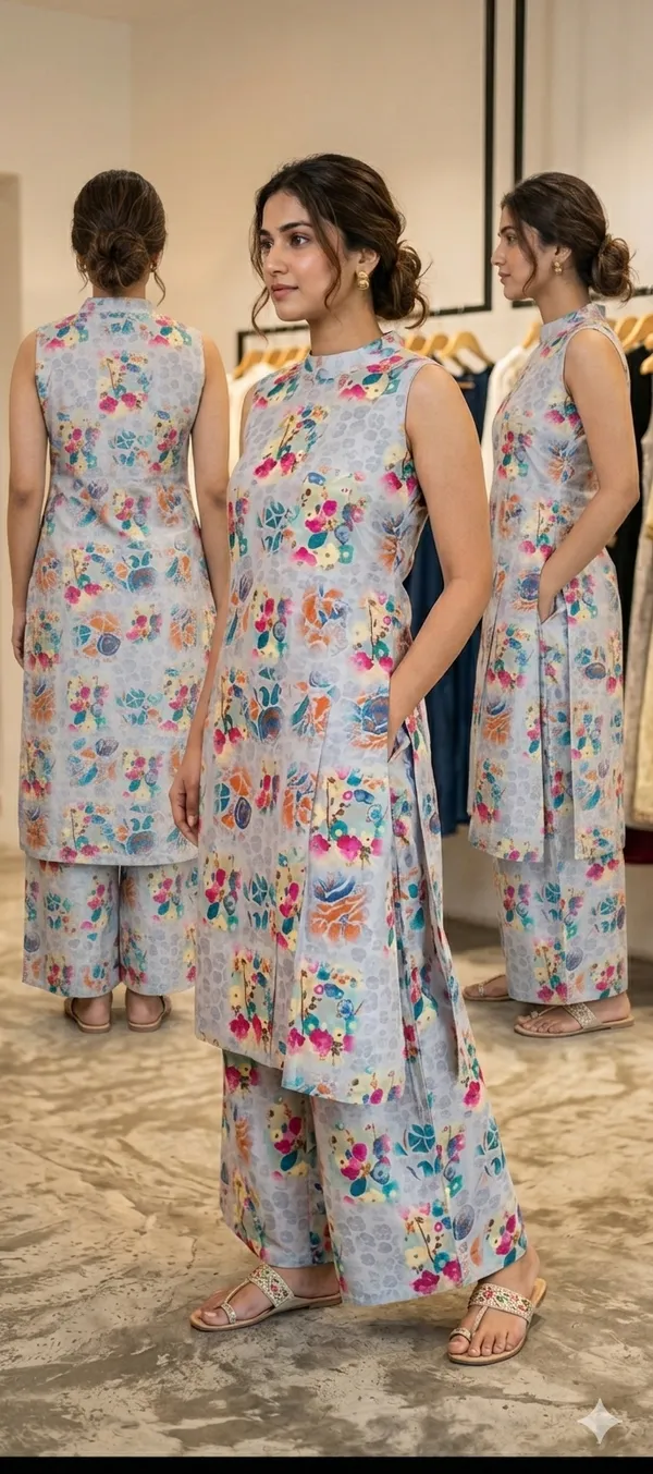 Light_Blue_And_Multi_Mulmul_Cotton_Kurta_Set_For_Women