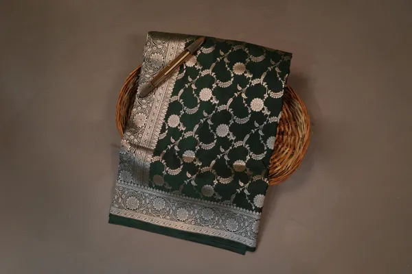 Bottle_Green_Banarasi_Silk_Zardozi_Work_Saree_For_Women
