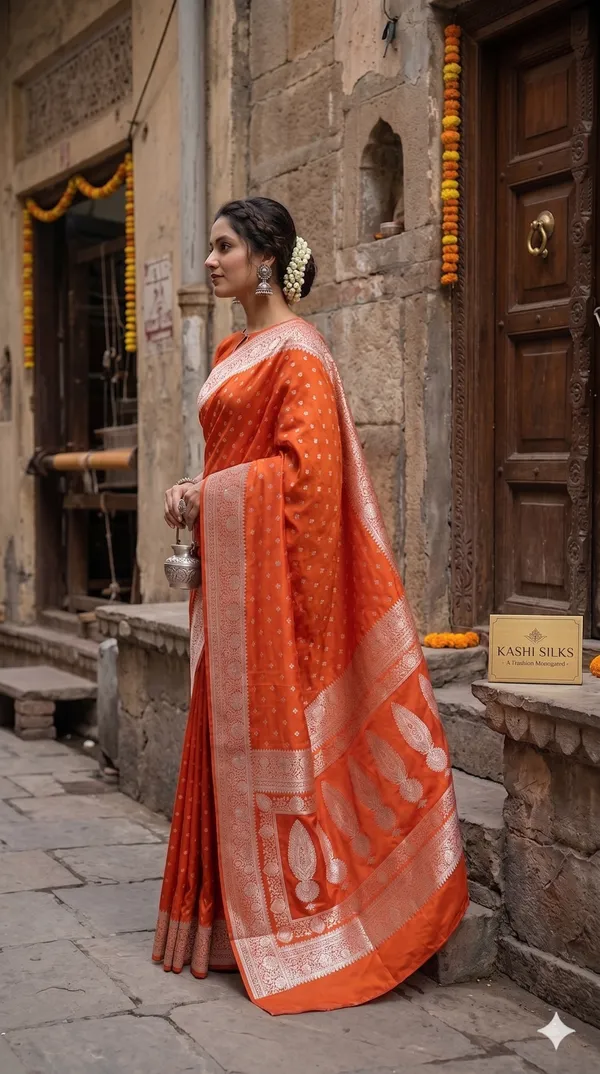 Orange_Banarasi_Silk_Zardozi_Work_Saree_For_Women