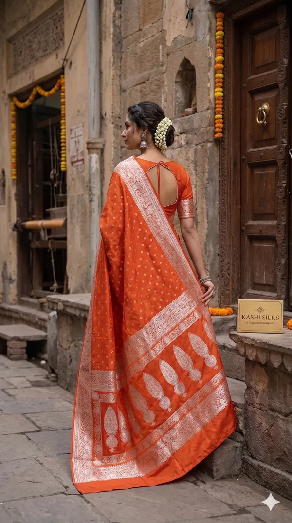 Orange_Banarasi_Silk_Zardozi_Work_Saree_For_Women