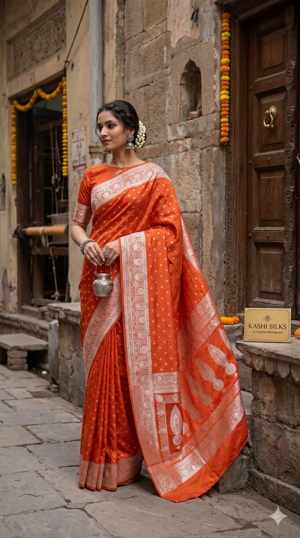 Orange_Banarasi_Silk_Zardozi_Work_Saree_For_Women