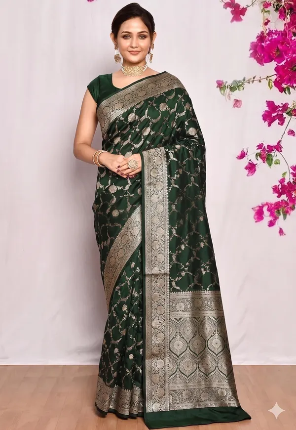 Bottle_Green_Banarasi_Silk_Zardozi_Work_Saree_For_Women