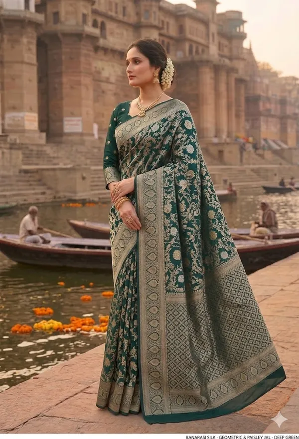 Bottle_Green_Banarasi_Silk_Zardozi_Work_Saree_For_Women