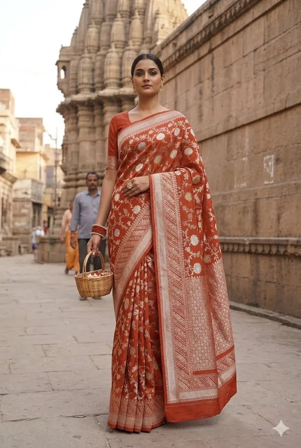 Orange_Banarasi_Silk_&_Zardozi_Work_Saree_For_Women